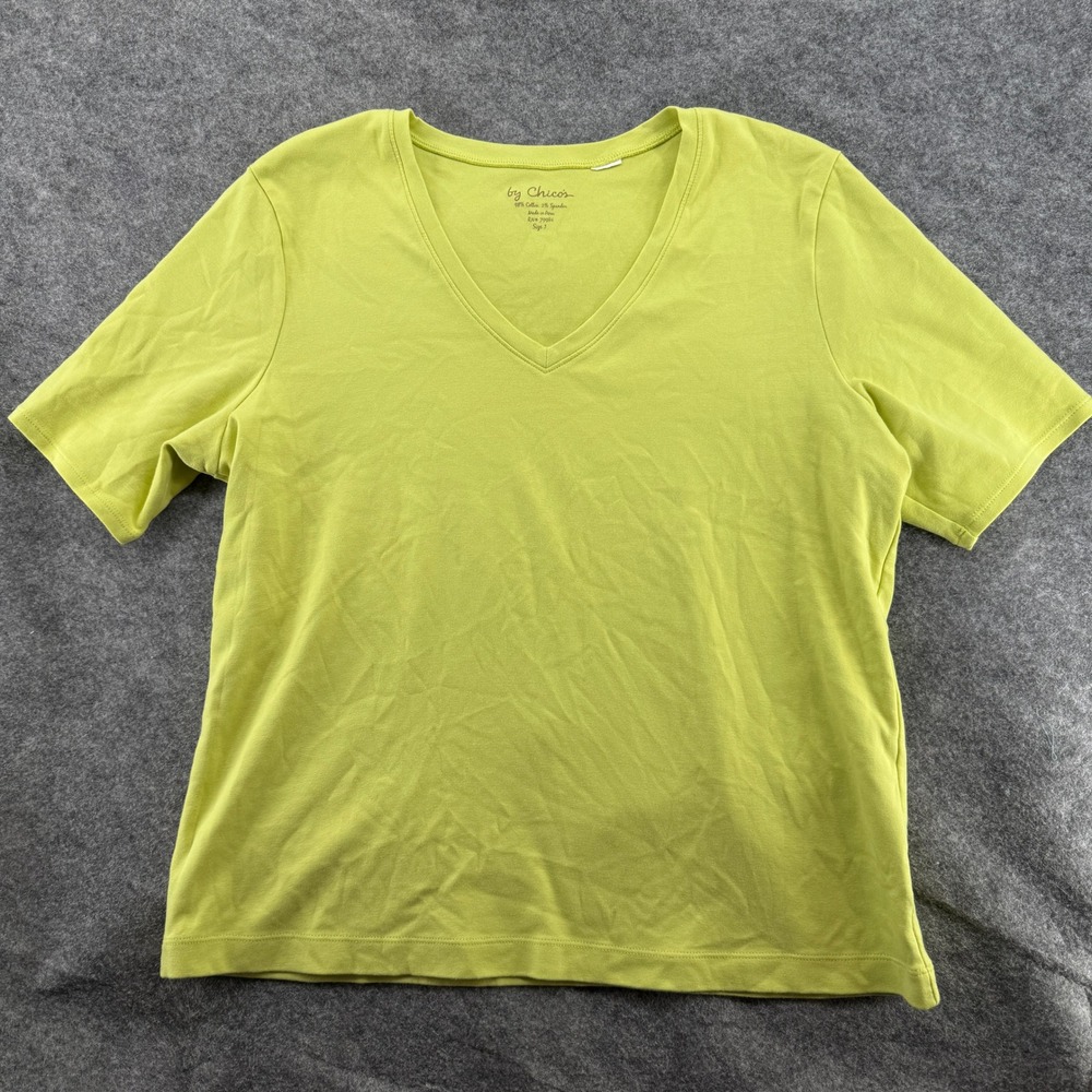 Chico's‎ V-Neck T-Shirt Women Size 3 Lime Green Short Sleeve Cotton Blend Tee